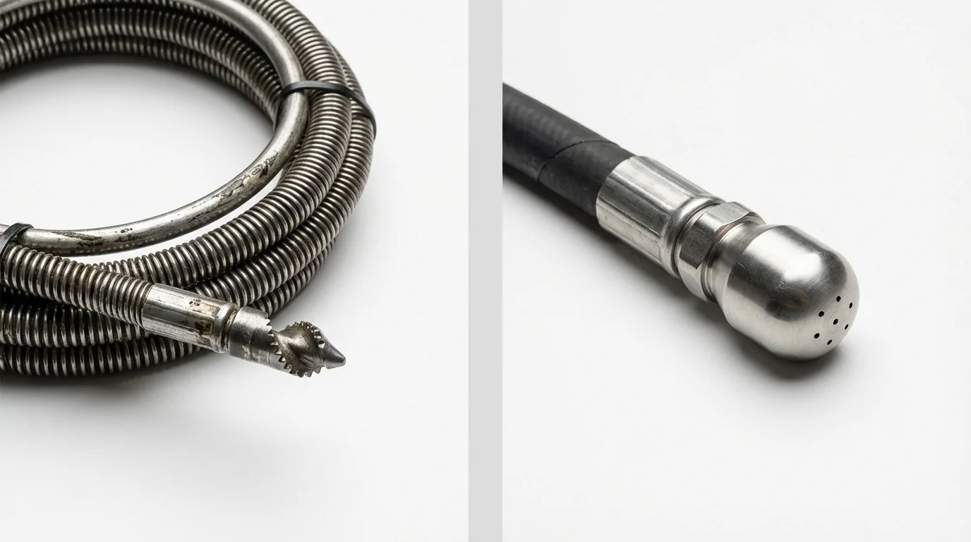 Drain snake cable and hydro jetting nozzle used for drain cleaning in Roswell, GA