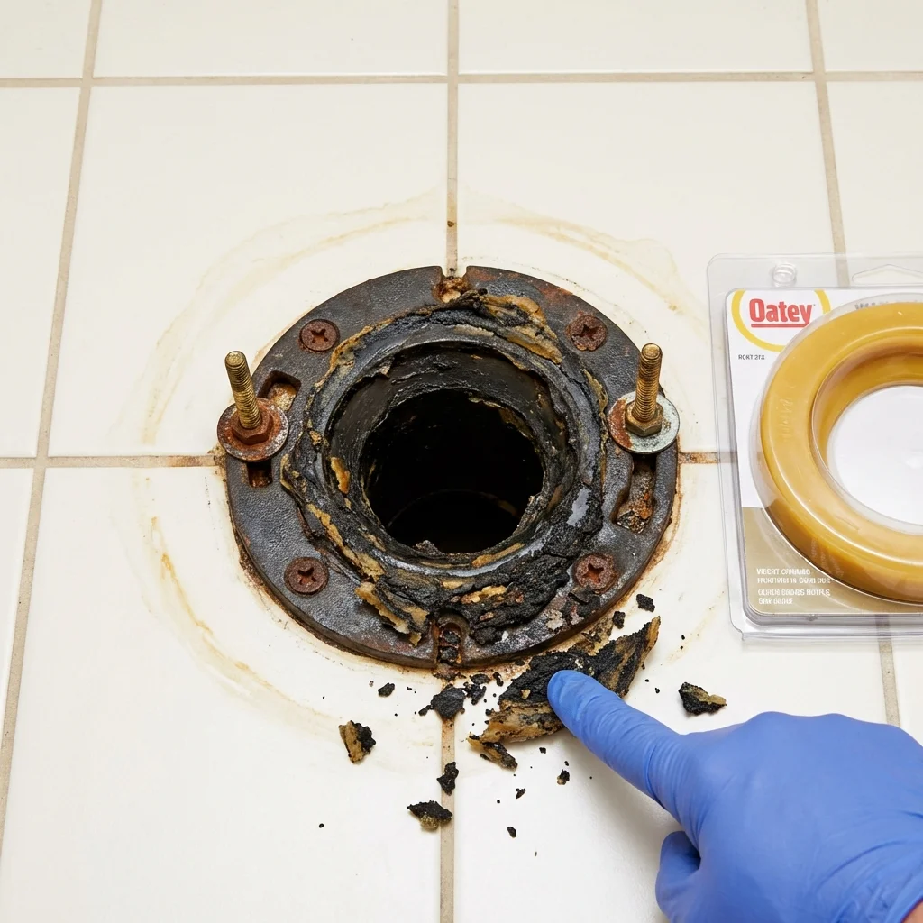 Failed wax ring showing water seepage at the base of a toilet in a Roswell, GA home