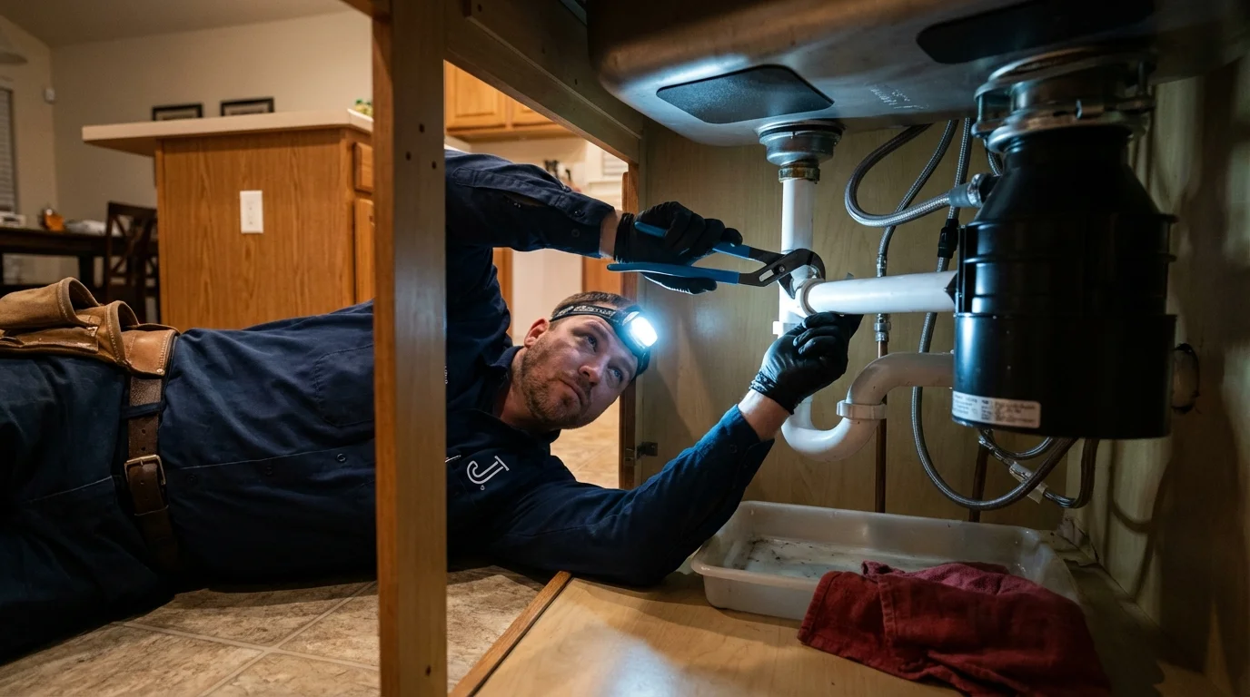 P-trap and supply line connections under a kitchen sink showing a common leak point in Roswell, GA